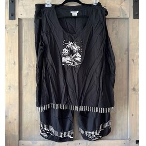 Vintage Paradiso Capri Pants Set 2X/3X Beaded Black White Fringe‎ Palm Trees